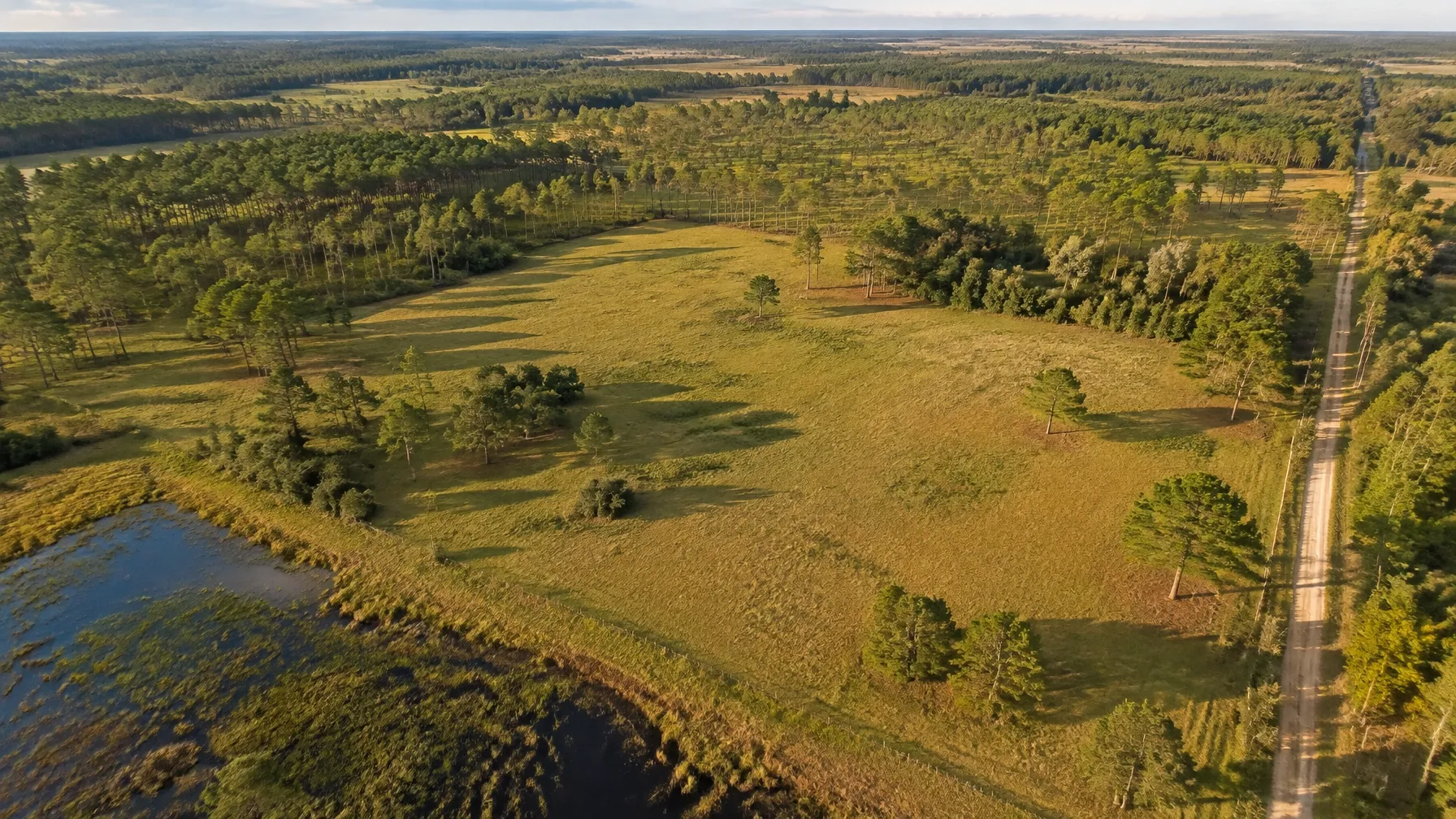 Aerial view of rural Pasco County Florida pasture and pine flatwoods, typical of vacant land buyers screen before purchase